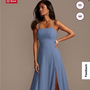 David’s Bridal spaghetti strap chiffon Steele blue bridesmaid dress with slit